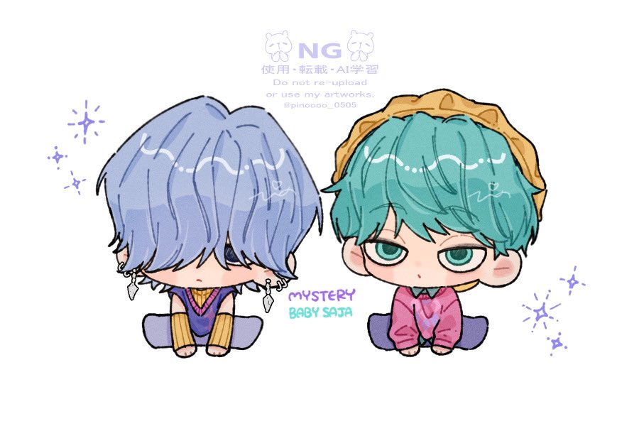 2boys aqua_eyes aqua_hair baby_(kpop_demon_hunters) chibi earrings english_text hair_over_one_eye japanese_text jewelry kpop_demon_hunters multiple_boys mystery_(kpop_demon_hunter) pinoooo__0505 purple_hair sparkle