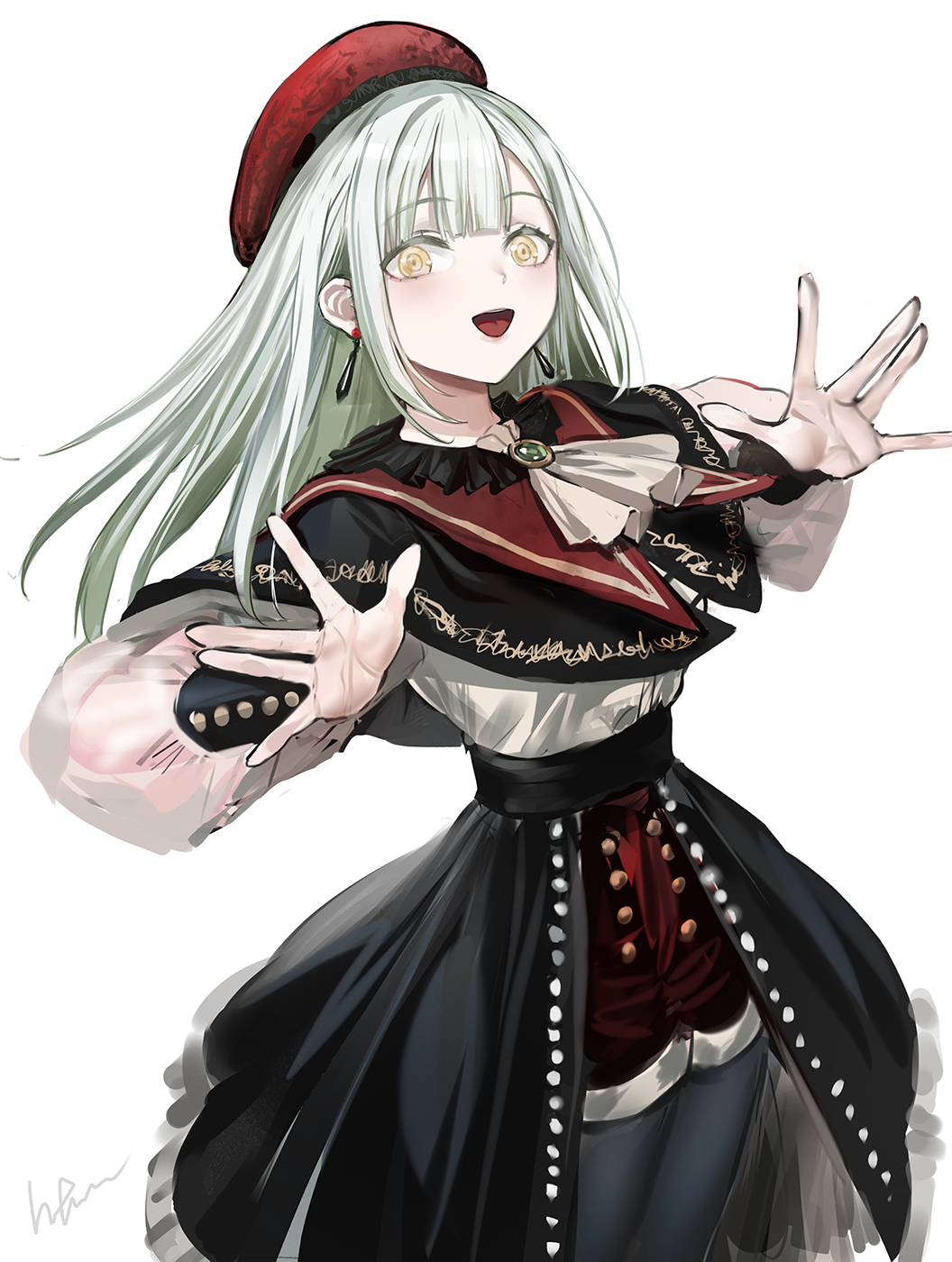 1girl ascot bang_dream! bang_dream!_it&#039;s_mygo!!!!! beret black_capelet black_pantyhose black_skirt capelet commentary_request earrings green_brooch green_hair hands_up hat highres infukun jewelry long_hair long_sleeves looking_at_viewer mortis_(bang_dream!) mortis_(costume)_(bang_dream!) mortis_(persona)_(bang_dream!) open_mouth pantyhose pantyhose_under_shorts red_hat red_shorts shirt shorts showgirl_skirt simple_background skirt solo wakaba_mutsumi white_ascot white_background white_shirt yellow_eyes