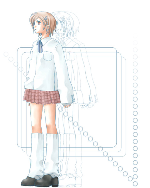 1girl alternate_costume asymmetrical_bangs bad_id blue_ribbon brown_eyes brown_hair brown_skirt collared_shirt commentary_request final_fantasy final_fantasy_vii full_body hair_ornament hairclip leg_warmers miniskirt neck_ribbon parted_lips plaid_clothes plaid_skirt rendezvous ribbon school_uniform shirt shoes short_hair skirt solo standing white_background white_shirt yuffie_kisaragi