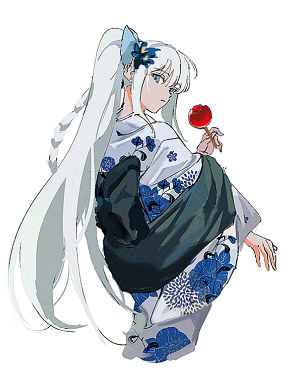 1girl blue_eyes candy_apple fate/grand_order fate_(series) food hair_between_eyes hair_ornament japanese_clothes kimono long_hair looking_at_viewer morgan_le_fay_(fate) morgan_le_fay_(fgo_fes._2023)_(fate) ponytail simple_background solo ss_un17 very_long_hair white_hair