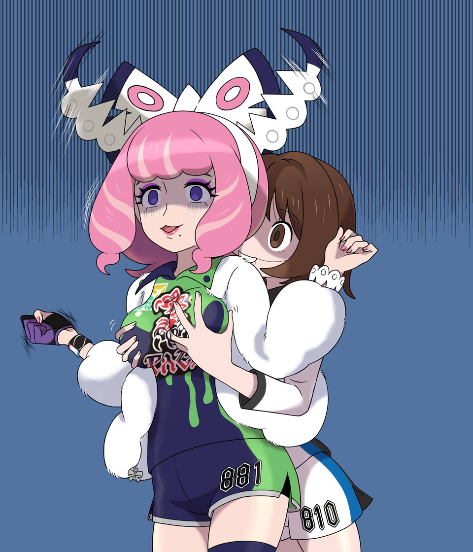 2girls asatsuki_(fgfff) blush bob_cut bouncing_breasts bow bracelet breasts brown_eyes brown_hair collared_shirt creatures_(company) drill_hair dynamax_band eyeshadow flipped_hair fur_jacket game_freak gloria_(pokemon) gloves grabbing_another&#039;s_breast groping gym_challenge_uniform hair_bow hairband jacket jewelry klara_(pokemon) large_breasts long_sleeves makeup mole mole_under_mouth multiple_girls nintendo pink_eyeshadow pink_hair pink_lips pokemon pokemon_swsh print_shirt print_shorts purple_eyes shaded_face shirt short_hair shorts side_slit side_slit_shorts single_glove smile surprised thighhighs trembling twin_drills twitching white_bow white_hairband wide-eyed
