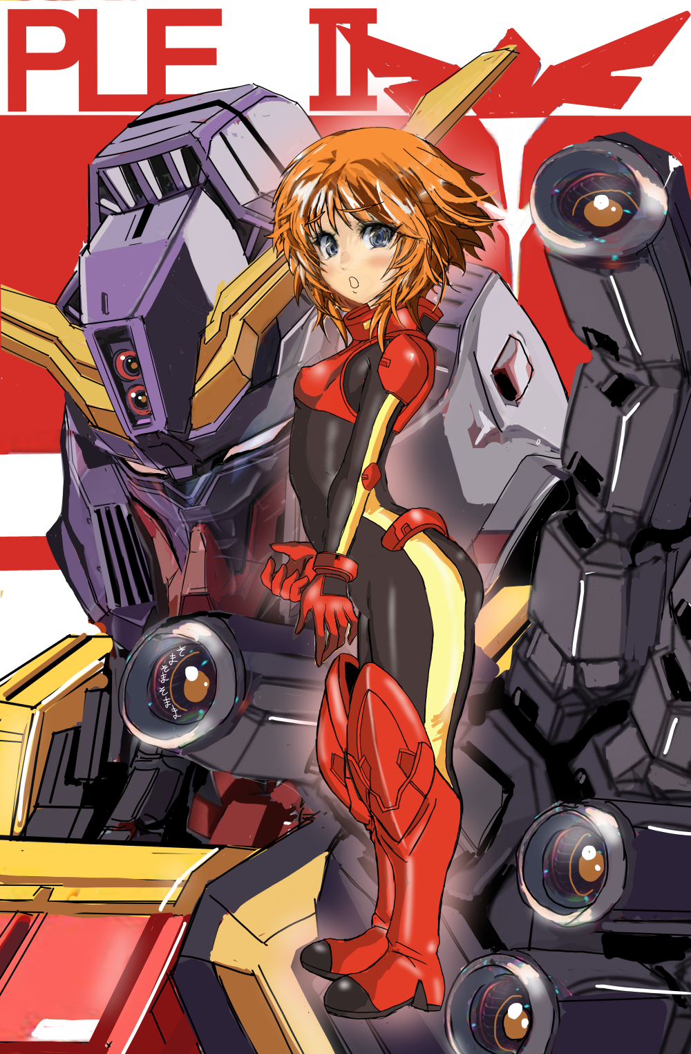 1girl beam_cannon blue_eyes blush character_name commentary_request emblem finger_cannon gundam gundam_zz highres huo_ji_wu logo machinery mecha mecha_pilot_suit mobile_suit neo_zeon open_mouth orange_hair psyco_gundam_mk_ii puru_two robot science_fiction v-fin