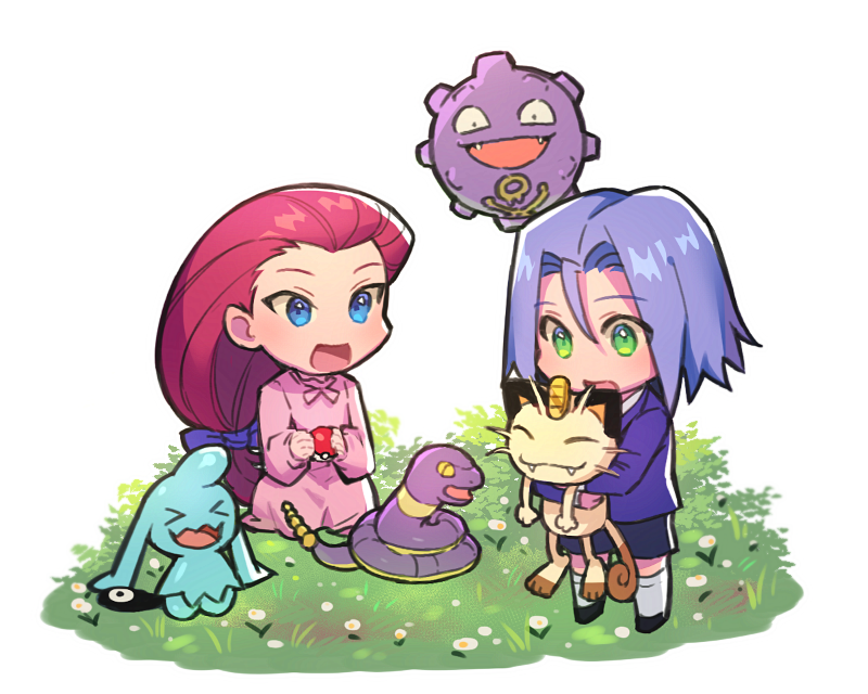 &gt;_&lt; 1boy 1girl ^_^ aged_down apple_brk blue_eyes blue_hair chibi closed_eyes ekans fangs floating flower gen_1_pokemon gen_3_pokemon grass green_eyes hair_slicked_back holding holding_poke_ball holding_pokemon james_(pokemon) jessie_(pokemon) koffing long_hair meowth nintendo open_mouth poke_ball poke_ball_(basic) pokemon pokemon_(anime) pokemon_(creature) smile team_rocket wynaut