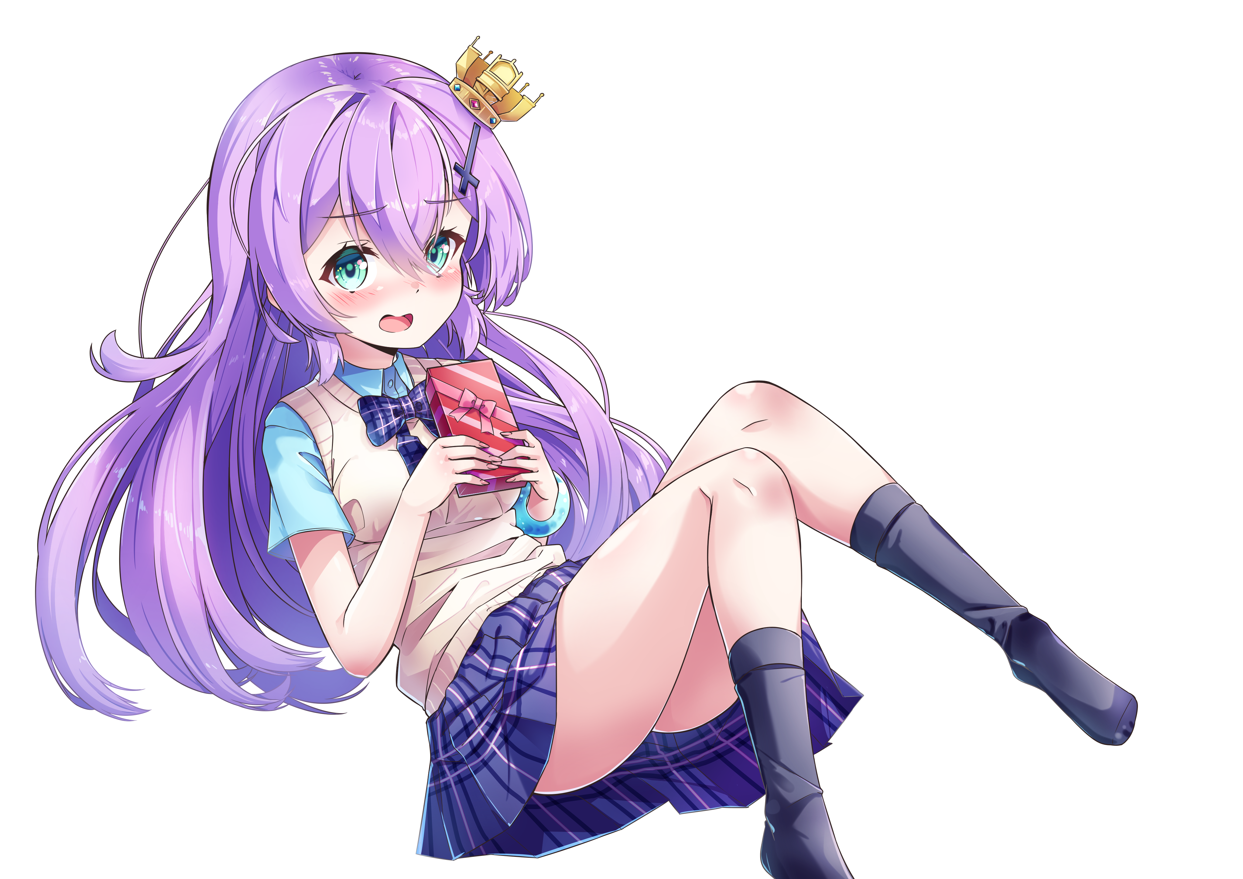 1girl :d absurdres alternate_hairstyle aqua_eyes aqua_shirt ass azur_lane black_socks blush bow bowtie box bracelet collared_shirt commentary_request crown gift gift_box hair_between_eyes hair_down hair_ornament hairpin highres holding holding_box javelin_(azur_lane) javelin_(slow_ahead!)_(azur_lane) jewelry kneehighs leer.meer long_hair looking_at_viewer mini_crown no_shoes open_mouth plaid_clothes plaid_skirt pleated_skirt purple_hair school_uniform shirt short_sleeves sidelocks skirt smile socks solo sweater_vest transparent_background valentine vest