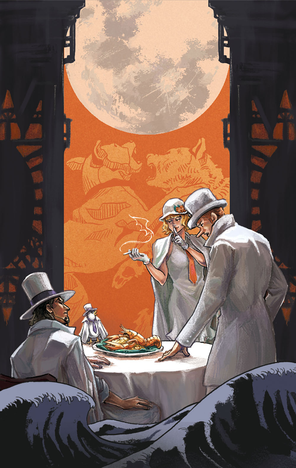 1girl 3boys bird black_hair blonde_hair bowler_hat card_(medium) cigarette coat coat_on_shoulders commentary crayfish dog dress english_commentary facial_hair finger_to_mouth full_moon gloves goatee hat hattori_(one_piece) highres holding holding_cigarette kaku_(one_piece) long_hair long_nose looking_at_another medium_hair moon mugibaras multiple_boys necktie one_piece orange_hair pigeon purple_necktie red_necktie rob_lucci short_hair sitting sleeveless sleeveless_dress smile smoke standing stussy_(one_piece) table tarot tarot_(medium) top_hat tray waves white_coat white_dress white_gloves wolf