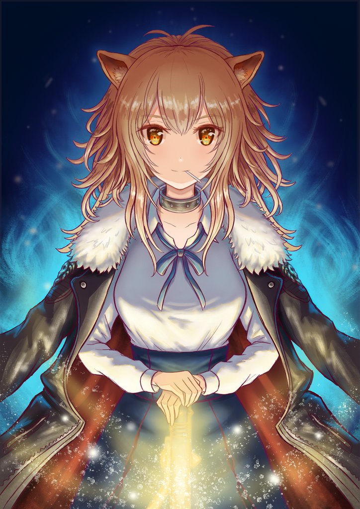 1girl animal_ears arknights artist_request artoria_pendragon_(fate) bad_id bad_twitter_id candy cosplay excalibur_(fate/stay_night) fate/grand_order fate_(series) female_focus food food_in_mouth jacket jacket_over_shoulder kawasumi_ayako lion_ears lion_girl lollipop mane saber_(fate) saber_(fate)_(cosplay) siege_(arknights) solo unworn_jacket voice_actor_connection