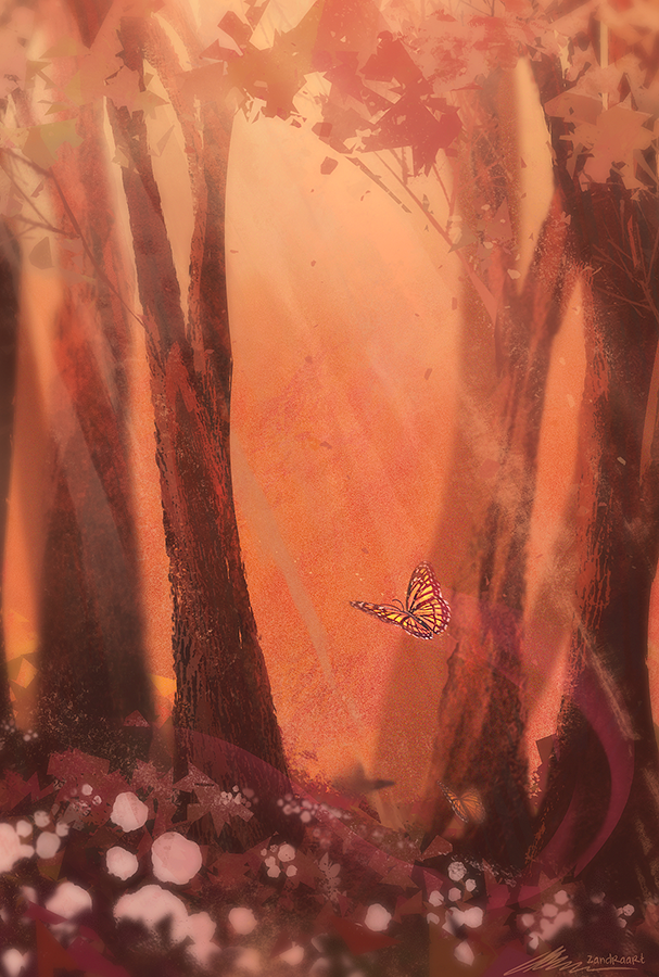 artist_name autumn autumn_leaves bug butterfly commentary english_commentary forest insect landscape leaf nature no_humans orange_butterfly orange_theme original outdoors scenery signature tree zandra