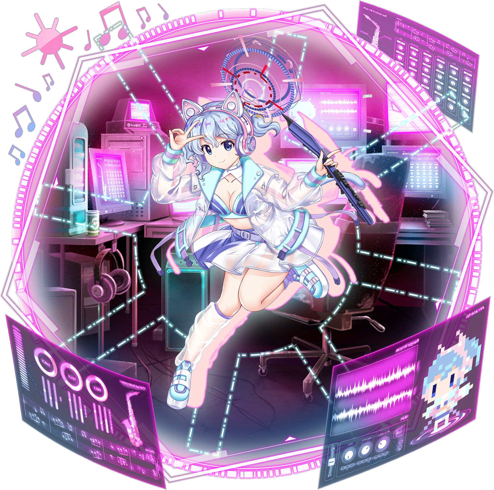 1girl alternate_costume animal_ear_headphones animal_ears aqua_shoes asymmetrical_legwear belt blue_bra blue_eyes blue_hair bra breasts cat_ear_headphones cat_tail chair cleavage closed_mouth computer cyber_fashion electric_wind_instrument fake_animal_ears full_body game_cg headphones highres holding holding_instrument hologram instrument jacket leg_up long_sleeves looking_at_viewer merlin_prismriver merlin_prismriver_(second_eldest_memory_leaker) midriff monitor multicolored_bra musical_note official_art purple_belt purple_bra purple_skirt rotte_(1109) science_fiction see-through_clothes see-through_jacket see-through_legwear see-through_skirt shoes short_hair silhouette single_sock skirt smile socks solo sun_symbol tail third-party_source touhou touhou_lostword transparent_background two-tone_skirt underwear v white_jacket white_skirt