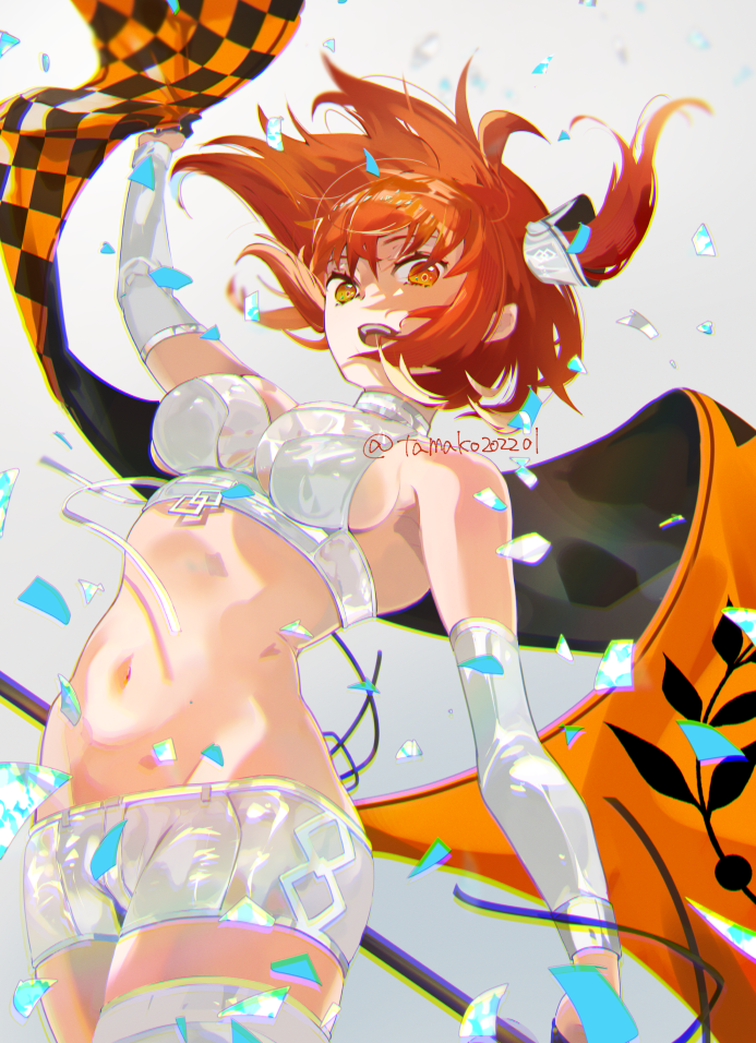 1girl breasts commentary_request confetti covered_navel detached_sleeves dutch_angle fate/grand_order fate_(series) fujimaru_ritsuka_(female) grey_background groin hanako_(onikutabetaiyo) looking_at_viewer medium_breasts medium_hair navel orange_eyes orange_hair side_ponytail sideboob single_thighhigh smile teeth thighhighs thighs upper_teeth_only white_sleeves white_thighhighs