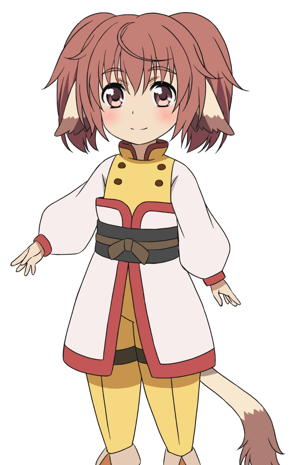 1girl animal_ears aquaplus blush breasts chinese_clothes closed_mouth cowboy_shot hair_between_eyes highres long_sleeves nakata_masahiko official_art raised_eyebrows red_eyes red_hair shinonon short_hair sidelocks small_breasts smile solo standing tail transparent_background twintails utawarerumono utawarerumono:_futari_no_hakuoro utawarerumono:_itsuwari_no_kamen white_fox_(company)