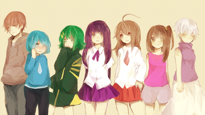 .flow 2boys 5girls ahoge answered_prayers bad_id bad_pixiv_id blue_hair blush brown_hair closed_eyes crossover eric_(ubok.) fluorette hair_ornament hairclip hand_on_own_hip if_(game) long_hair long_sleeves looking_away lost_game multiple_boys multiple_girls nakitsuki neck_ribbon necktie our_crazy_dream pleated_skirt pomuta_(tama922) purple_hair ribbon sabitsuki sakura_(lost_game) school_uniform shimitsuki short_hair skirt sleeveless sleeveless_turtleneck sleeves_past_wrists sometsuki tama922 turtleneck ubok. ultra_violet_(game)