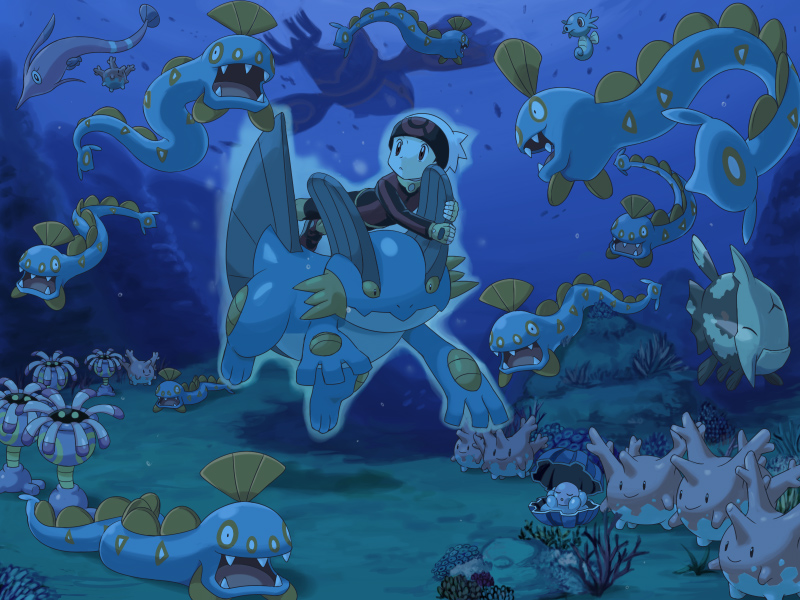 00s 1boy bandana brendan_(pokemon) clamperl corsola creature curious fishing_rod gen_1_pokemon gen_2_pokemon gen_3_pokemon gorebyss hat holding horsea huntail kyogre legendary_pokemon lileep male_focus nintendo ocean pokemoa pokemon pokemon_(creature) pokemon_rse relicanth swampert underwater water