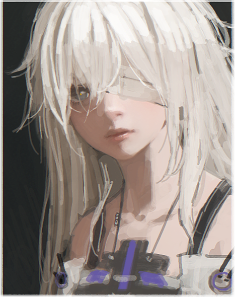 1girl bandage_over_one_eye black_background collarbone commentary d.k english_commentary expressionless grey_eyes lips looking_at_viewer messy_hair no._21:_xxi_(pgr) no._21_(pgr) one_eye_covered portrait punishing:_gray_raven red-eye_effect simple_background solo white_hair