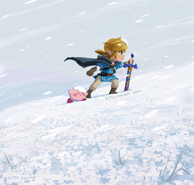 1boy artist_name bettykwong blue_eyes boots cape closed_mouth dated closed_eyes floating_cape from_side kirby link looking_ahead master_sword nintendo outdoors signature snow snowing snowstorm sword the_legend_of_zelda the_legend_of_zelda:_breath_of_the_wild tunic walking watermark weapon web_address wind winter