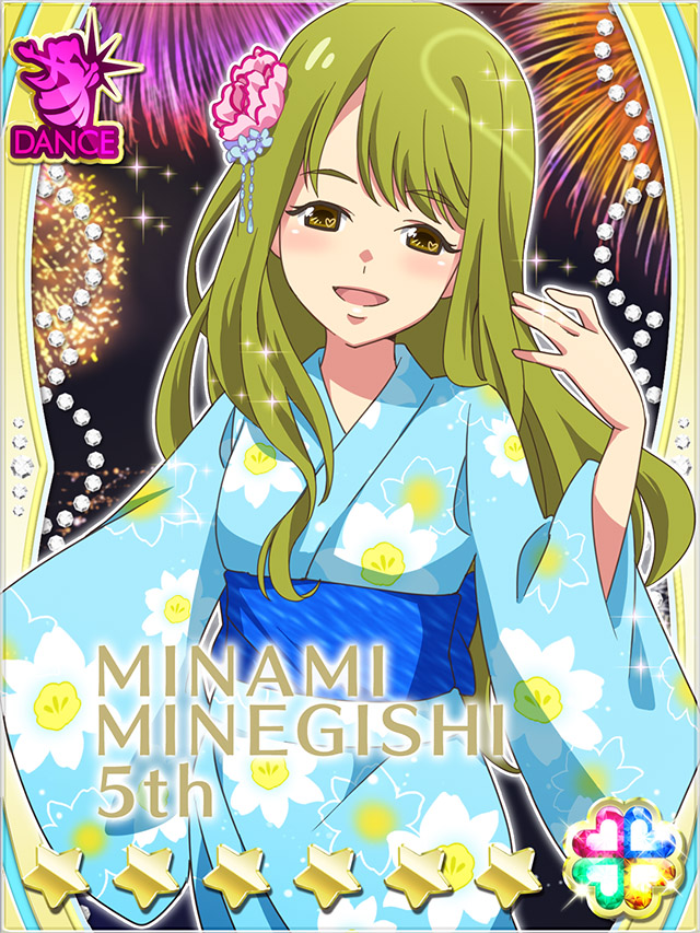 1girl :d aerial_fireworks akb0048 blue_kimono blue_sash card_(medium) character_name cowboy_shot fireworks floral_print floral_print_kimono flower green_eyes green_hair hair_flower hair_ornament hand_up heart japanese_clothes kimono long_hair looking_at_viewer minamino_mikako night non-web_source obi official_art open_mouth print_kimono sash smile solo sparkle standing star_(symbol) summer_festival yukata
