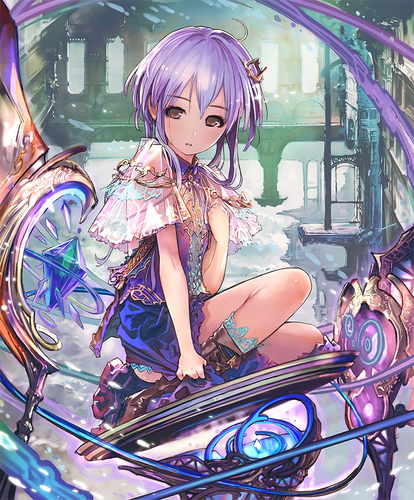 1girl boots cape crown gorilla_(mushimushiland) hair_ornament looking_at_viewer non-web_source pink_cape purple_hair shadowverse shingeki_no_bahamut spinaria_(shingeki_no_bahamut)