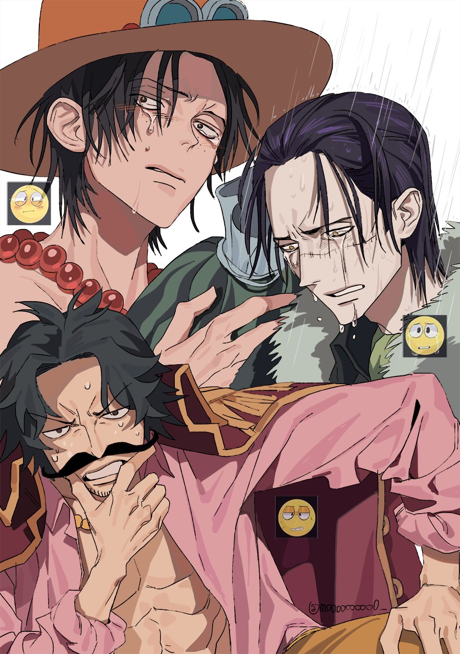3boys abs black_hair blush crocodile_(one_piece) emoji facial_hair father_and_son freckles gol_d._roger hat highres jewelry mulso multiple_boys mustache necklace one_piece orange_hat pearl_necklace portgas_d._ace rain simple_background stitched_face stitches sweatdrop tears twitter_username white_background