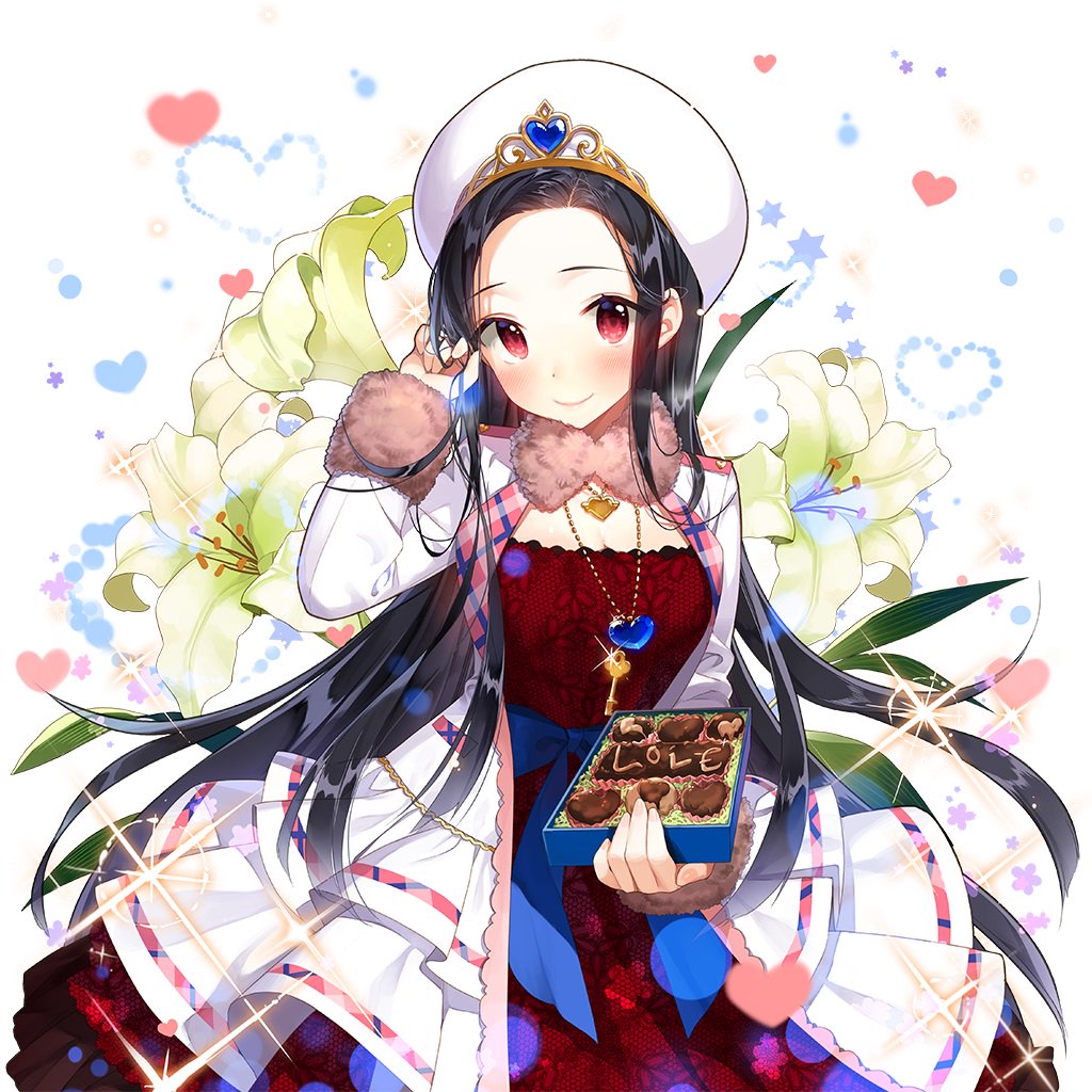 1girl beret black_hair blush boots box breasts candy cape chocolate chocolate_heart clarice_lapis cleavage closed_mouth coat cowboy_shot dress earrings floral_background flower food gift hat heart heart-shaped_food holding incoming_gift jacket jewelry lily_(flower) long_hair long_sleeves looking_at_viewer medium_breasts necklace pantyhose parted_bangs pendant pleated_skirt red_eyes salt_(salty) skirt small_breasts smile solo sparkle standing striped_background thigh_boots thighhighs uchi_no_hime-sama_ga_ichiban_kawaii valentine very_long_hair white_background white_coat white_flower yellow_flower zettai_ryouiki