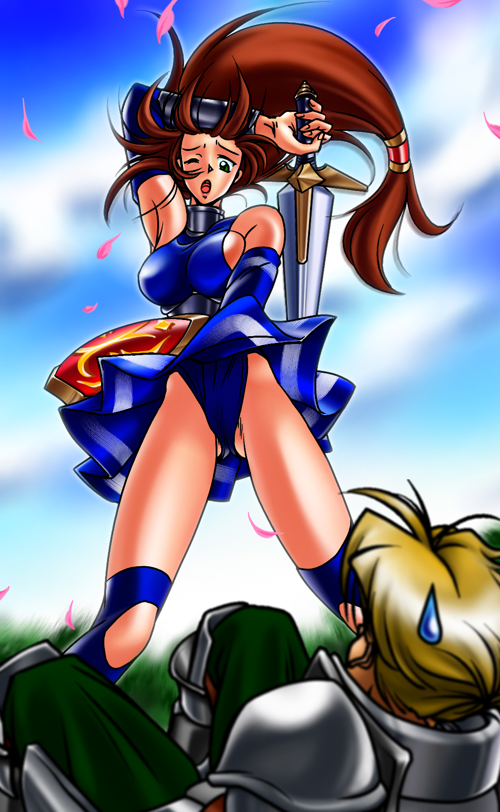 1boy 1girl alternate_color alternate_costume blue_panties brown_hair green_eyes highres jpeg_artifacts knight panties player_2 rarara_(faylute) shield siegfried_schtauffen sophitia_alexandra soul_calibur soul_edge sword underwear upskirt weapon