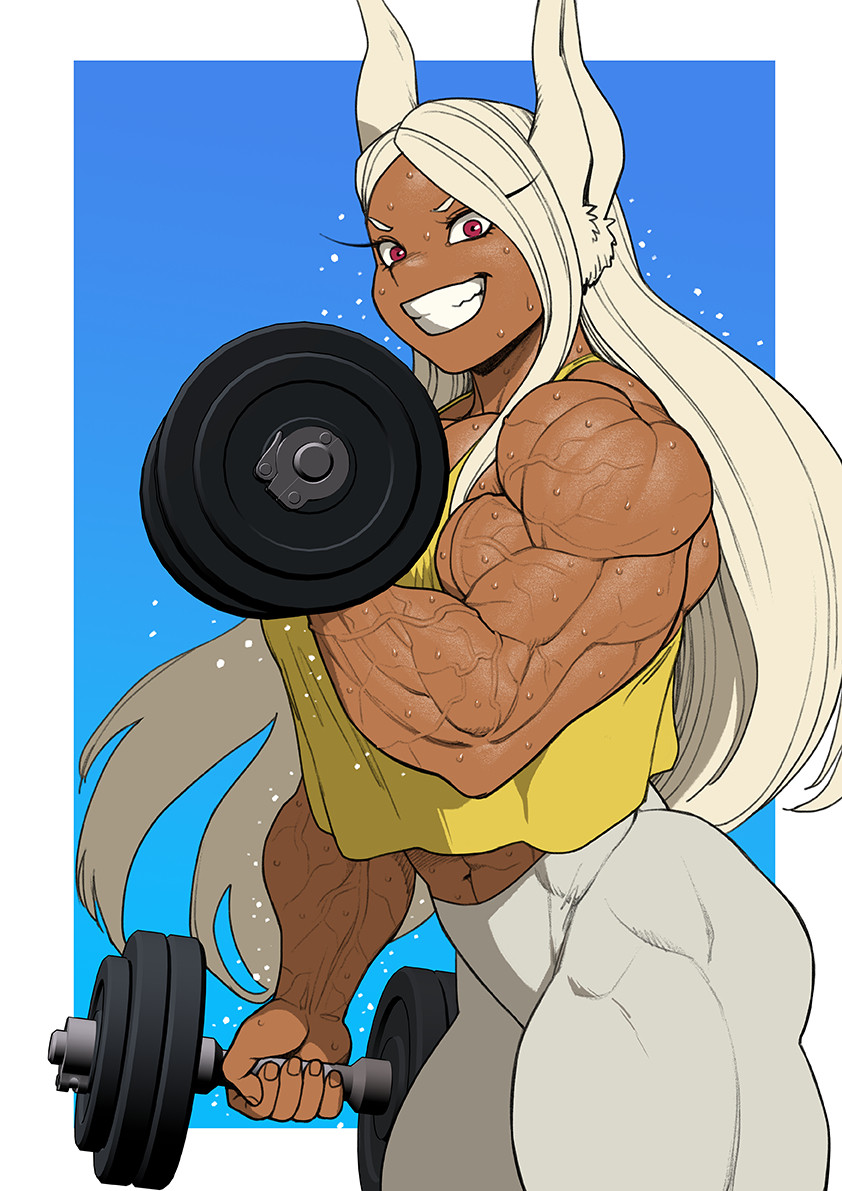 1girl boku_no_hero_academia dark-skinned_female dark_skin dumbbell female_focus long_hair looking_at_viewer mirko muscular muscular_female pokkuti rabbit_ears red_eyes solo sweat thick_thighs thighs veins veiny_arms white_hair