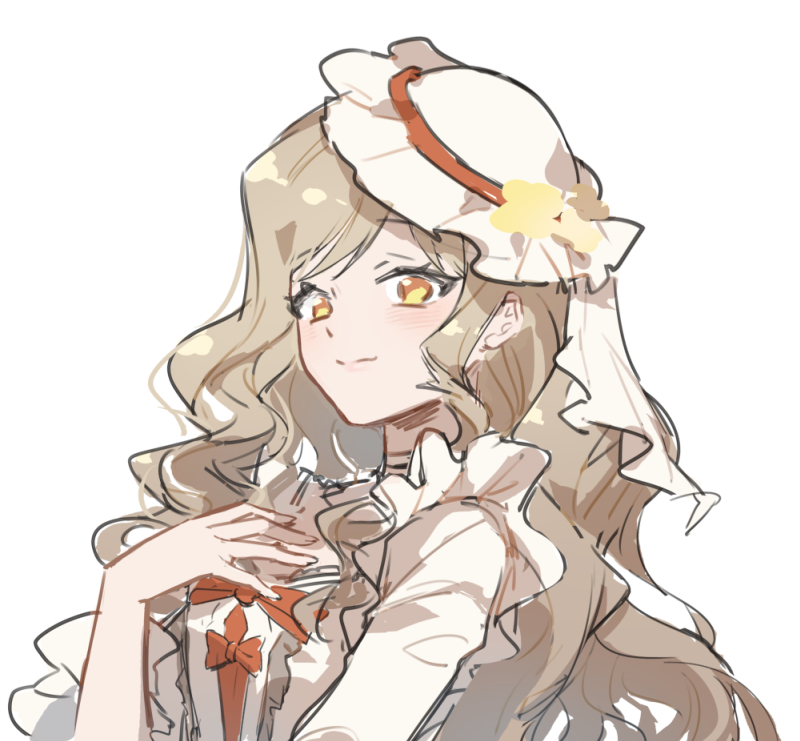 1girl bow bow_button bowtie brown_hair cat_princess center_frills chinese_commentary choker closed_mouth commentary_request dream_banquet_(infinity_nikki) dress eyelashes fingernails flower formal_clothes frilled_dress frilled_headwear frilled_sleeves frills hand_on_own_chest happy hat hat_flower infinity_nikki light_blush lips long_hair long_sleeves looking_at_viewer mini_hat nikki_(series) orange_bow orange_bowtie orange_eyes pink_lips simple_background smile solo square_neckline three-quarter_sleeves upper_body veil very_long_hair wavy_hair white_background white_choker white_dress white_hat white_veil yellow_flower