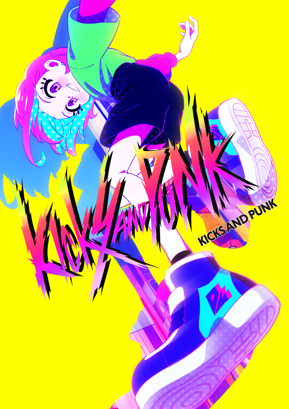 1girl aqua_hair artist_request black_shorts black_socks bloom blue_shoes blush closed_mouth colored_inner_hair copyright_name drop_shadow english_text eyelashes fashion from_below full_body green_shirt green_sleeves highres jpeg_artifacts key_visual kick_and_punk layered_sleeves leaning_forward leg_up long_sleeves looking_at_viewer medium_hair multicolored_hair neon_palette nike_(kick_and_punk) nippon_animation official_art outline pink_outline print_footwear promotional_art purple_eyes purple_hair purple_outline purple_sleeve_cuffs purple_sleeves purple_undershirt saturated screentones second-party_source shirt shirt_tucked_in shirt_under_shirt shoe_soles shoes short_over_long_sleeves short_sleeves shorts simple_background smile sneakers socks solo teeth thick_eyelashes yellow_background