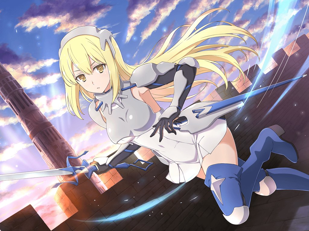 1girl aiz_wallenstein armor battlement blonde_hair blue_boots blue_sky blue_thighhighs boots breastplate breasts cloud covered_navel crossover dress dungeon_ni_deai_wo_motomeru_no_wa_machigatteiru_darou_ka dusk elbow_gloves evening gauntlets gloves gradient_sky holding holding_sword holding_weapon long_hair looking_at_viewer medium_breasts official_art open_mouth orange_sky outdoors pink_sky senran_kagura senran_kagura_new_link sheath short_dress sky solo sunlight sword thigh_boots thighhighs tower twilight weapon white_dress yaegashi_nan yellow_eyes