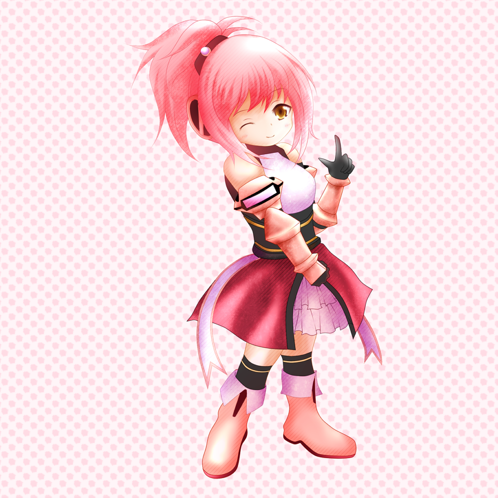 boots chibi cosmic_break gloves headgear melfi pink_hair solo thighhighs yellow_eyes