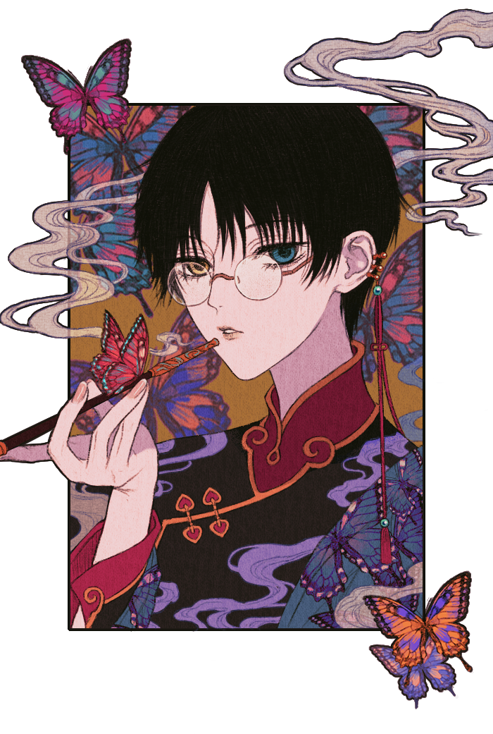 1boy animal_print black_hair blue_eyes bug butterfly butterfly_print chinese_clothes ear_piercing earrings expressionless glasses heterochromia holding holding_smoking_pipe insect jewelry male_focus mandarin_collar multiple_piercings parted_lips piercing robe round_eyewear ry1115275908 short_hair smoke smoke_trail smoking smoking_pipe solo tassel tassel_earrings watanuki_kimihiro xxxholic yellow_eyes