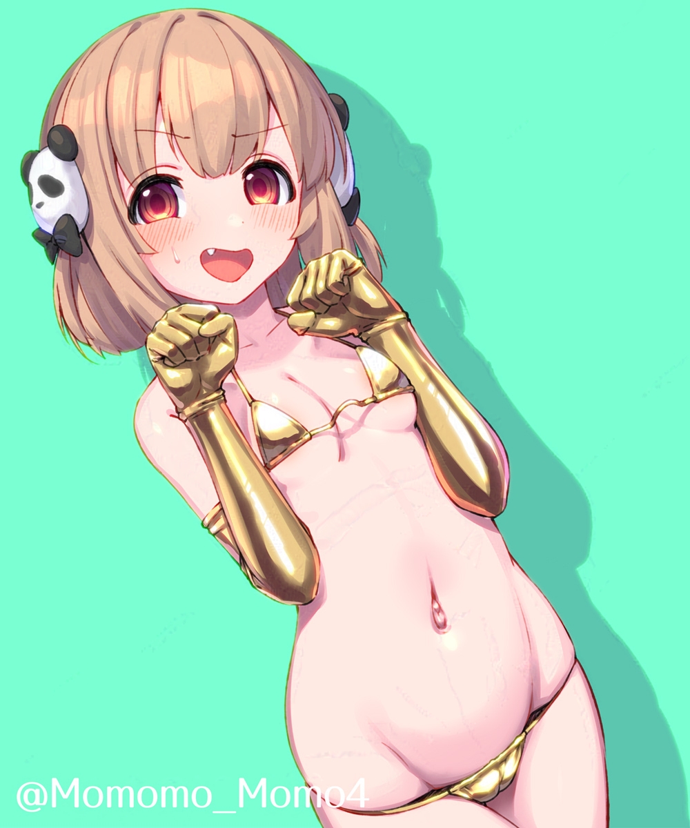 1girl adversarial_noise animal_hair_ornament artist_name bikini blue_background breasts cameltoe character_request commentary copyright_request cowboy_shot drop_shadow dutch_angle elbow_gloves fang female_focus gloves gold_bikini gold_gloves groin hair_ornament highres looking_at_viewer lowleg lowleg_bikini navel open_mouth panda_hair_ornament red_eyes short_hair simple_background skindentation small_breasts smile solo sweatdrop swimsuit symbol-only_commentary tareme tongue twitter_username yoshiwa_tomo