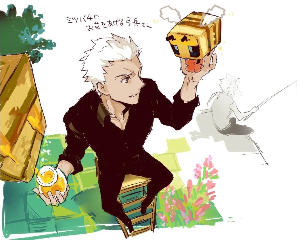 2boys archer_(casual_wear)_(fate) archer_(fate) black_shirt block_(minecraft) crossover cu_chulainn_(fate) dark-skinned_male dark_skin fate/grand_order fate/hollow_ataraxia fate_(series) male_focus minecraft minecraft_(style) multiple_boys shibanui shirt sketch tan white_hair