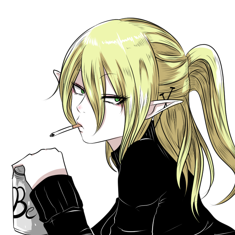 1girl bags_under_eyes beer_can black_sweater blonde_hair can cigarette closed_mouth commentary_request drink_can green_eyes hair_between_eyes half_updo holding holding_can long_bangs looking_at_viewer looking_to_the_side medium_hair mizuhashi_parsee pointy_ears ponytail sei_no_ji simple_background solo sweater touhou upper_body white_background
