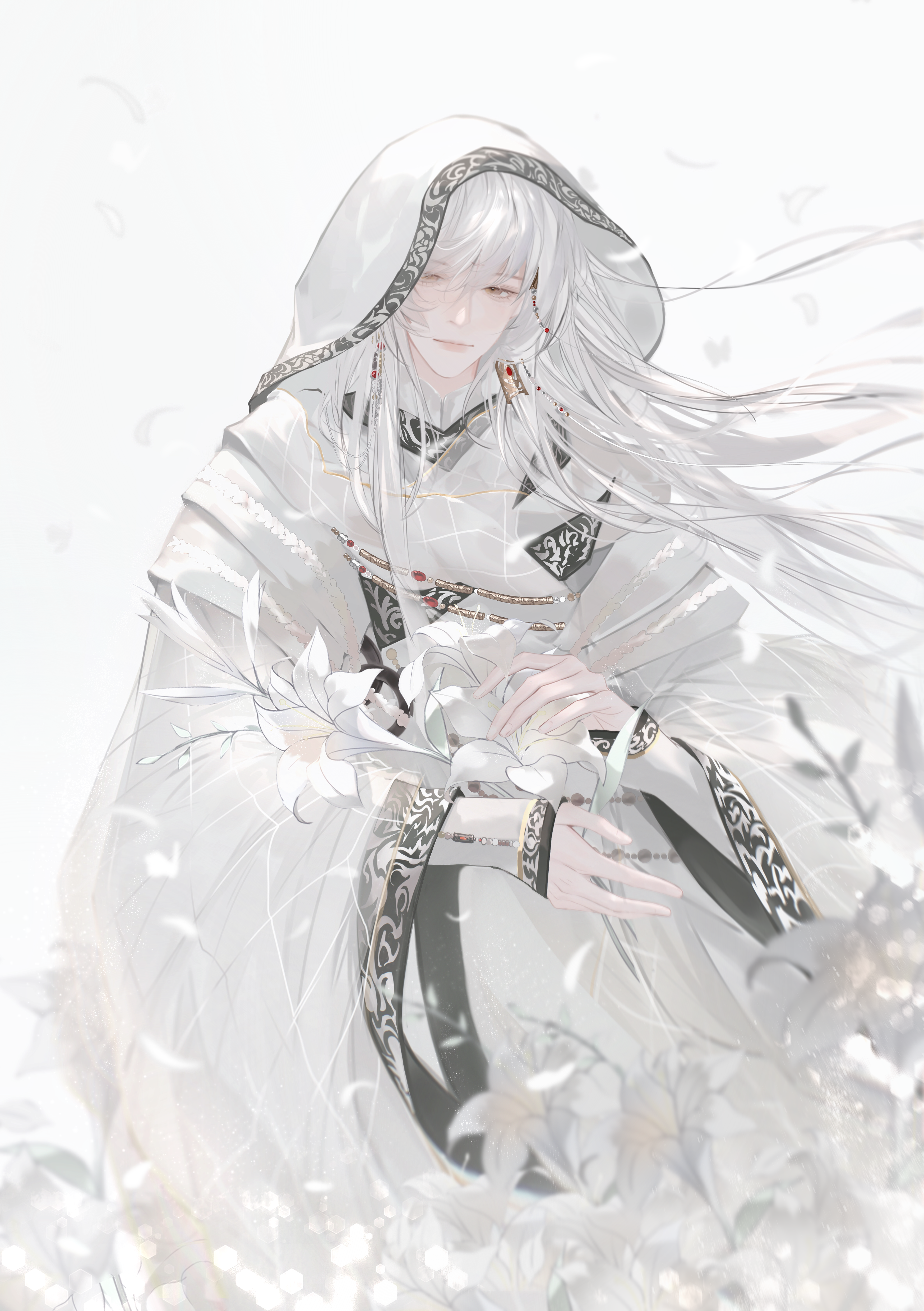 1boy absurdres beads blurry blurry_foreground chinese_clothes closed_mouth cowboy_shot falling_petals floating_hair flower hair_between_eyes hair_ornament hanfu highres jewelry jinguang_budaixi layered_sleeves light_particles long_hair long_sidelocks long_sleeves male_focus petals qiao_rulai sidelocks sideways_glance sleeves_past_wrists solo straight-on swept_bangs turkey223333 white_background white_flower white_hair white_hanfu white_hood white_petals white_sleeves wide_sleeves yellow_eyes