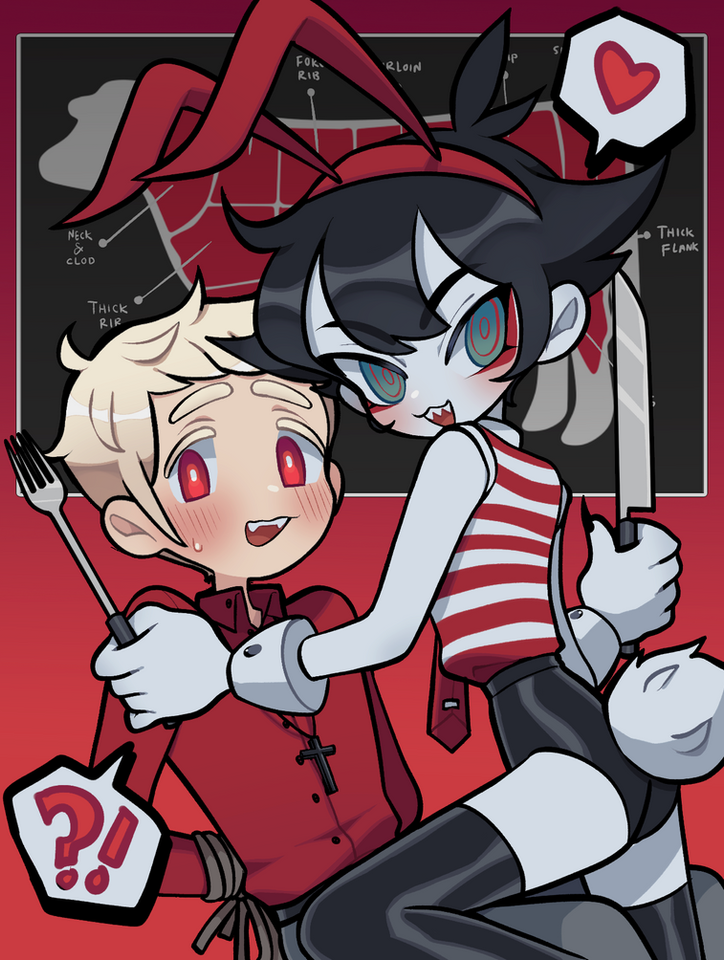 !? 2boys animal_ear_hairband animal_ears antenna_hair aqua_eyes bare_arms black_hair black_nails black_thighhighs blonde_hair blush bound bound_arms bright_pupils colored_eyelashes colored_skin cowboy_shot cross cross_necklace diagram double-parted_bangs fake_animal_ears fangs fingernails flipped_hair fork gradient_background hairband heart high-waist_shorts holding holding_fork holding_knife implied_yaoi jewelry knee_up knife latin_cross leg_support long_sleeves looking_at_viewer looking_back looking_to_the_side male_focus micro_shorts multiple_boys nail_polish necklace necktie no_nose open_collar original rabbit_ear_hairband rabbit_ears rabbit_tail red_background red_eyes red_hair red_necktie red_pupils red_shirt ringed_eyes sharp_fingernails sharp_teeth shirt short_bangs short_hair shorts sleeveless sleeveless_shirt spoken_heart standing standing_on_one_leg straddling striped_clothes striped_shirt sweatdrop tail tareme teeth thick_eyebrows thighhighs tsurime upper_teeth_only upright_straddle uranohead white_eyes white_pupils white_skin white_tail wing_collar wrist_cuffs zettai_ryouiki