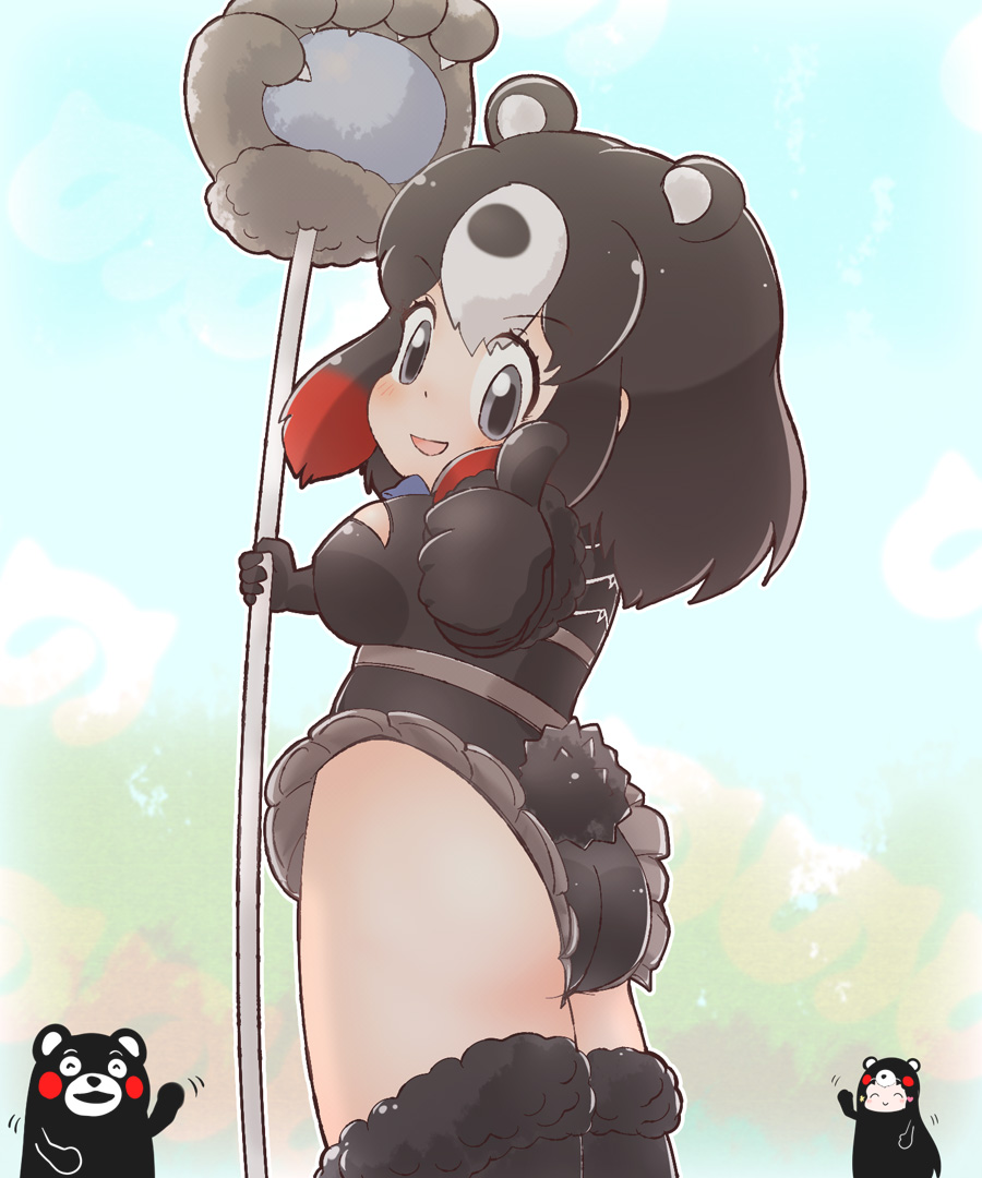 animal_costume animal_ear_fluff animal_ears black_hair chibi_kumamon_(kemono_friends) elbow_gloves gloves higumamon_(kemono_friends) kemono_friends kemono_friends_3 kneehighs kumamon leotard short_hair socks