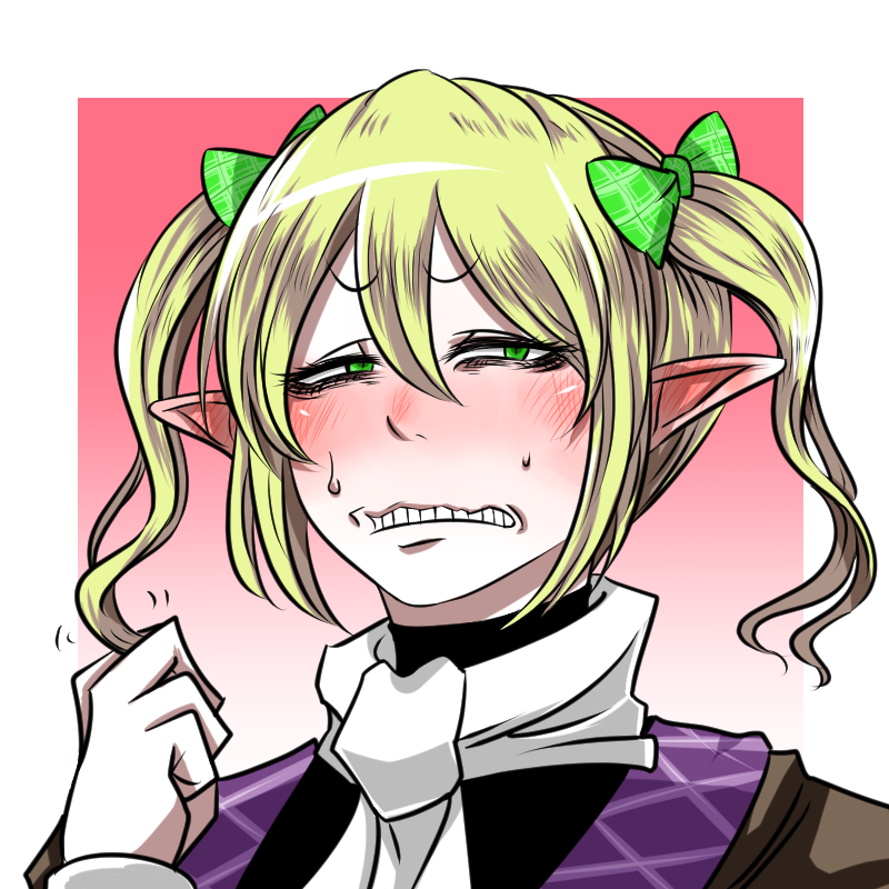 1girl bags_under_eyes black_shirt blonde_hair blush bow brown_shirt clenched_teeth commentary_request ear_blush embarrassed green_bow green_eyes hair_bow looking_at_viewer mizuhashi_parsee nose_blush pink_background plaid_bow pointy_ears scarf sei_no_ji shirt short_hair solo teeth touhou twintails undershirt upper_body v-shaped_eyebrows white_scarf