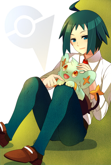 1boy ahoge black_hair blue_eyes brown_shoes cheren_(pokemon) collared_shirt gen_4_pokemon himari_g_(sr) long_sleeves looking_at_viewer male_focus necktie nintendo on_lap open_mouth pokemon pokemon_(creature) pokemon_bw2 pokemon_on_lap red_necktie shinx shirt shoes short_hair white_shirt