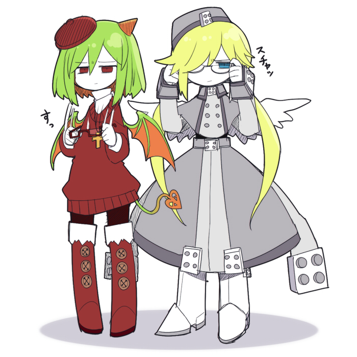 2girls adjusting_eyewear angel angel_wings beret blue_eyes boots buttons capelet closed_mouth colored_skin cross cross_necklace demon_horns demon_tail demon_wings froze_(funamusea) funamusea funamusea_(style) green_hair grey-framed_eyewear grey_capelet grey_headwear grey_skirt haiiro_teien hair_between_eyes hat holding holding_removed_eyewear horns jewelry kisaragi_kaya long_hair low_twintails multiple_girls necklace parody red-framed_eyewear red_eyes red_headwear red_sweater red_thighhighs semi-rimless_eyewear shadow shirt short_hair sidelocks simple_background single_horn skirt style_parody sweater tail thighhighs twintails unworn_eyewear white_background white_footwear white_shirt white_skin wings yosafire_(funamusea)