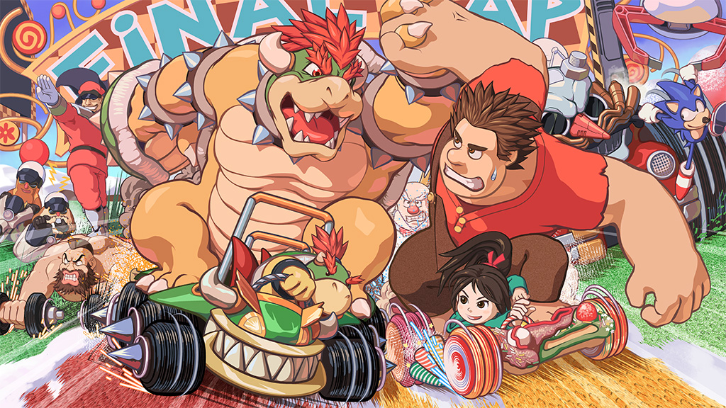 1990s_(style) 1girl 6+boys _double_dash!! battle bowser bowser_jr. capcom clenched_teeth crossover disney driving duncan duncan_(wreck-it_ralph) go-kart king_candy m._bison mario_(series) mario_k mario_kart masa_(bowser) multiple_boys nintendo retro_artstyle sega sonic_(series) sonic_the_hedgehog street_fighter street_fighter_ii_(series) teeth vanellope_von_schweetz wreck-it_ralph wreck-it_ralph_(character) wynchel wynnchel_(wreck-it_ralph) zangief