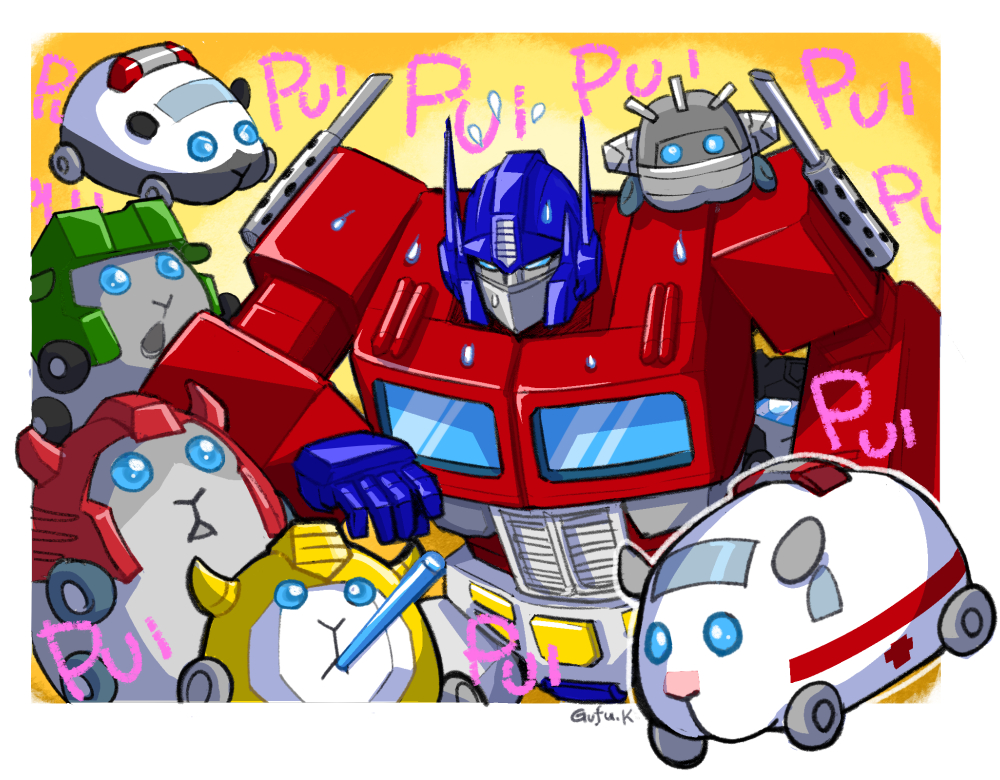 1boy animalization artist_name autobot blue_eyes bumblebee bumblebee_(transformers)_(cosplay) cliffjumper cliffjumper_(cosplay) cosplay drinking_straw fusion helmet hound_(transformers) hound_(transformers)_(cosplay) kandagawa_gufu looking_down mecha molcar no_humans open_hand optimus_prime prowl_(transformers) pui_pui_molcar robot sweat nervous_sweating transformers wheeljack
