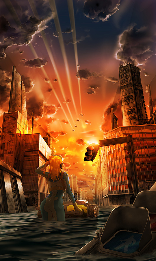 1girl 71_(nanaichi_drafting) aircraft airplane back blonde_hair blue_bodysuit bodysuit building city cloud contrail dusk female_focus flood ruins scenery science_fiction sky solo sunset swimsuit wading water