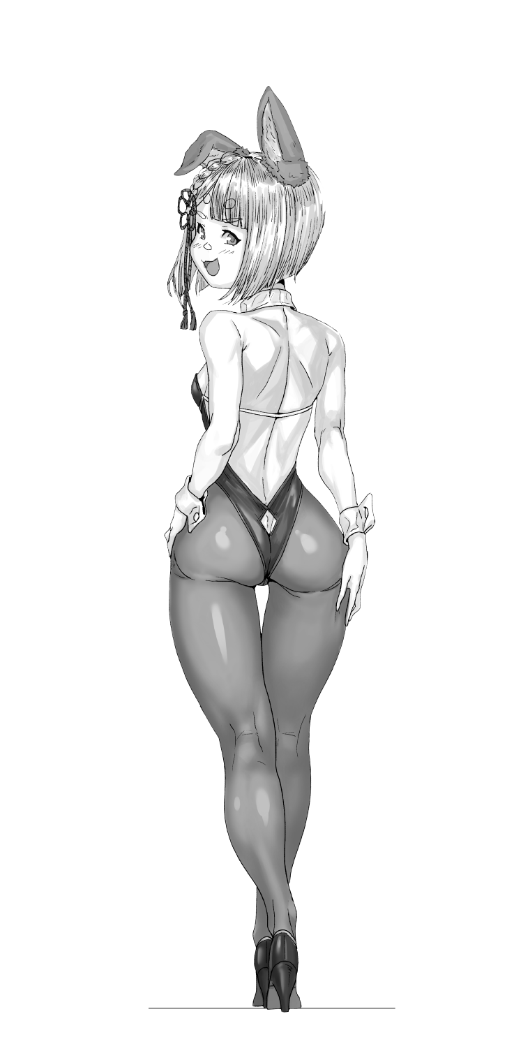 1girl animal_ears ass bare_back dog_ears erune full_body granblue_fantasy greyscale highres leotard looking_back monochrome open_mouth pantyhose playboy_bunny short_hair smile solo thigh_gap transparent_background vajra_(granblue_fantasy) yggsil