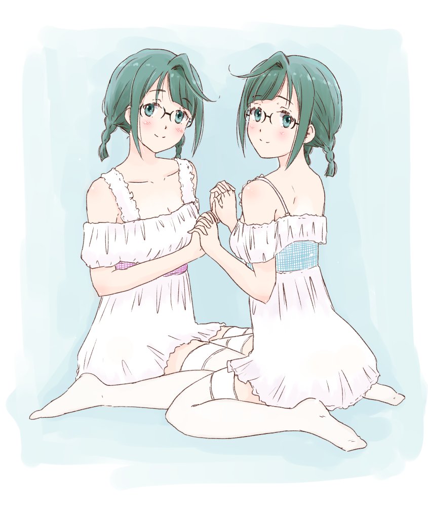 2girls blush braid breasts closed_mouth commentary_request dress glasses green_eyes green_hair holding_hands love_live! love_live!_nijigasaki_high_school_idol_club medium_breasts multiple_girls nijigasaki_student_council_secretary siblings sisters sitting smile takahashi_mugi thighhighs twin_braids twins wariza white_dress white_thighhighs zettai_ryouiki