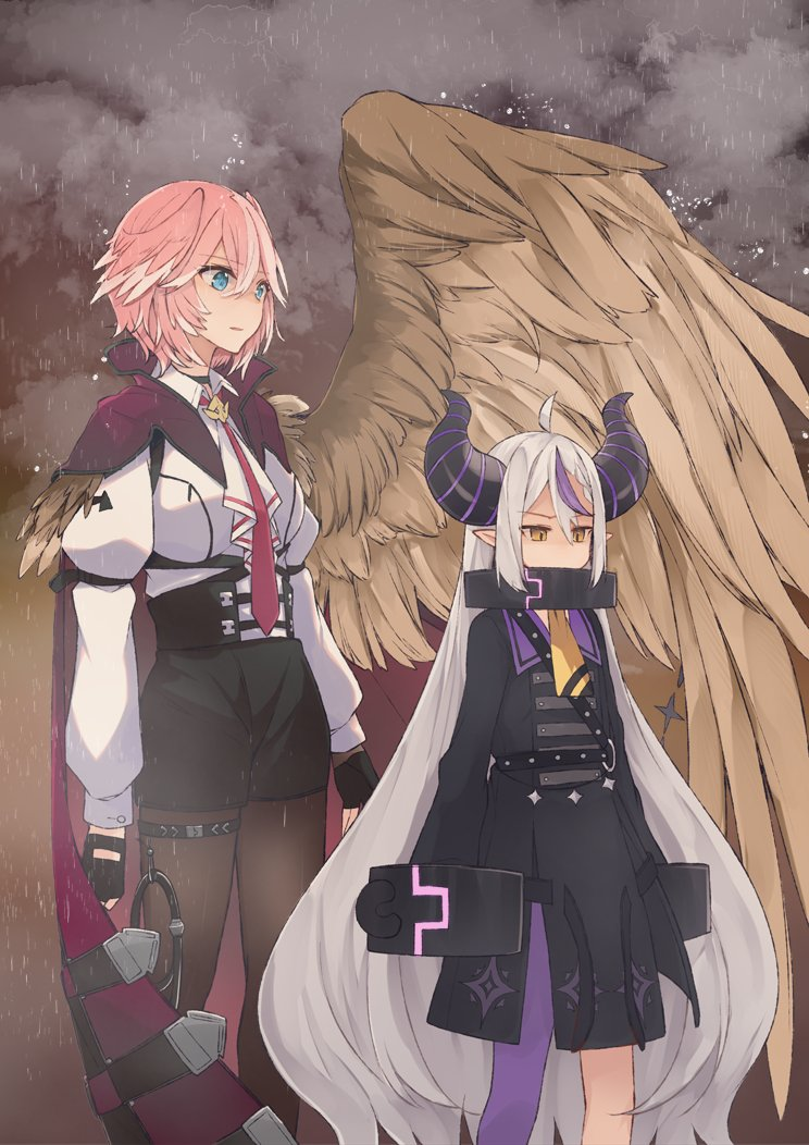 2girls ahoge black_gloves blue_eyes cape cloud cloudy_sky commentary_request cuffs demon_horns feathered_wings from_side gloves grey_hair hair_wings hololive holox horns la+_darknesss la+_darknesss_(1st_costume) long_hair long_sleeves looking_ahead looking_down multiple_girls necktie outdoors pink_hair rain red_necktie safai shackles short_hair sidelocks single_wing sky takane_lui takane_lui_(1st_costume) virtual_youtuber whip wings yellow_eyes