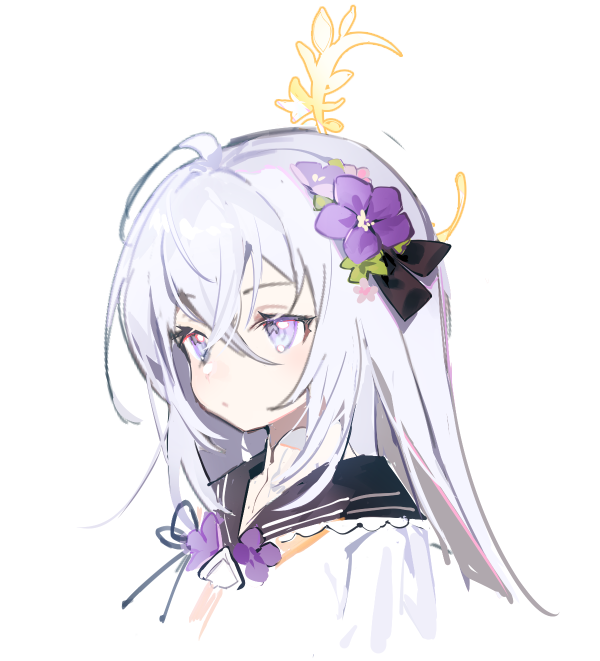 1girl arin_(fanfan013) azusa_(blue_archive) black_ribbon black_sailor_collar blue_archive closed_mouth crescent_halo cropped_torso expressionless eyelashes flower flower_brooch hair_flower hair_ornament hair_ribbon halo lace-trimmed_sailor_collar leaf light_blush light_frown long_hair looking_ahead neck_ribbon neckerchief purple_eyes purple_flower purple_hair ribbon sailor_collar school_uniform serafuku shirt simple_background solo straight_hair white_background white_shirt yellow_halo yellow_neckerchief