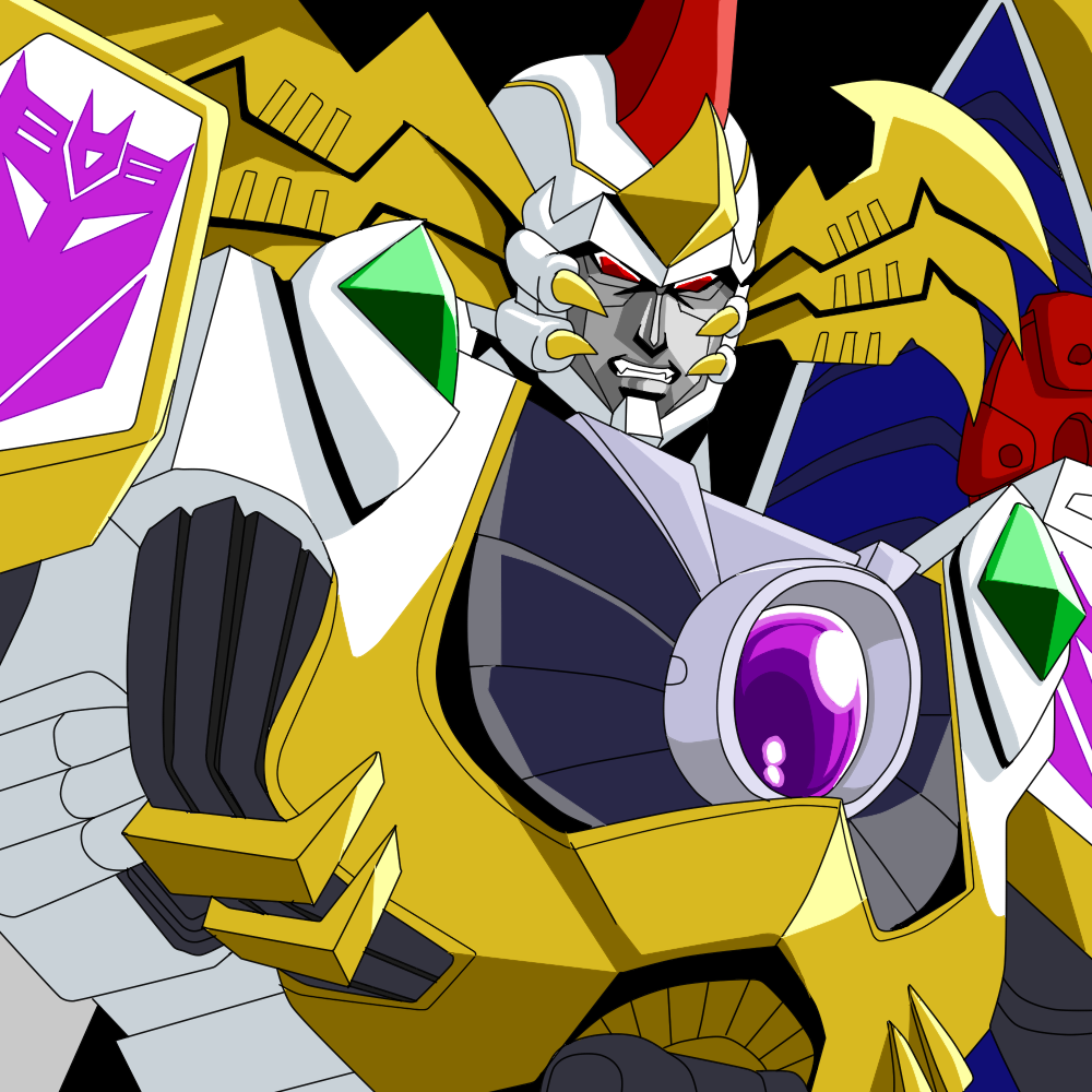 1boy black_background decepticon galvatron grinding horns hufuhao insignia looking_at_viewer male_focus mecha no_humans red_eyes robot simple_background solo teeth transformers transformers_car_robots upper_body