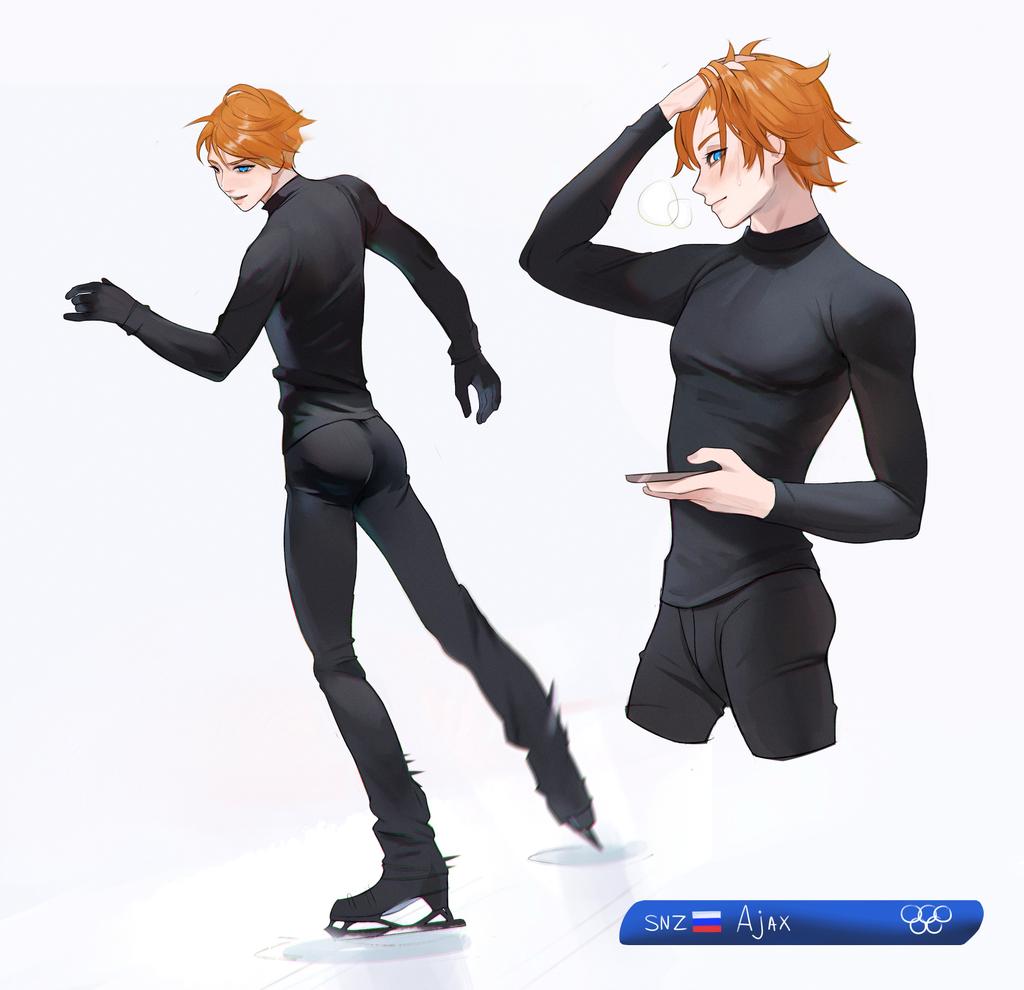 1boy ahoge ass black_gloves black_pants black_shirt blush cellphone character_name figure_skating genshin_impact gloves hand_in_own_hair holding holding_phone ice_skates ice_skating looking_at_viewer lu_luu99 male_focus motion_blur motion_lines multiple_views olympic_rings olympics pants phone russian_flag shirt short_hair sidelocks simple_background skates skating skin_tight smartphone smile standing sweatdrop swept_bangs tartaglia_(genshin_impact) white_background