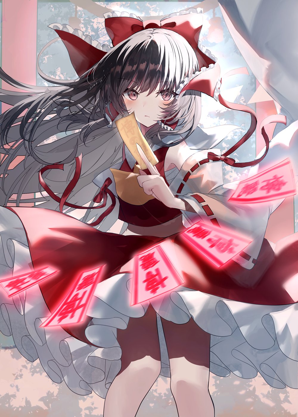 1girl ascot bare_shoulders between_fingers bow brown_eyes brown_hair chest_sarashi circle_skirt closed_mouth collared_shirt commentary detached_sleeves feet_out_of_frame fighting_stance floating_clothes floating_hair frilled_bow frilled_hair_tubes frilled_skirt frills hair_bow hair_tubes hakurei_reimu highres holding long_hair looking_at_viewer midriff navel nontraditional_miko ofuda ofuda_between_fingers outdoors red_bow red_ribbon red_shirt red_skirt ribbon ribbon-trimmed_sleeves ribbon_trim sakizaki_saki-p sarashi shirt skirt skirt_set solo touhou very_long_hair white_sleeves wind yellow_ascot