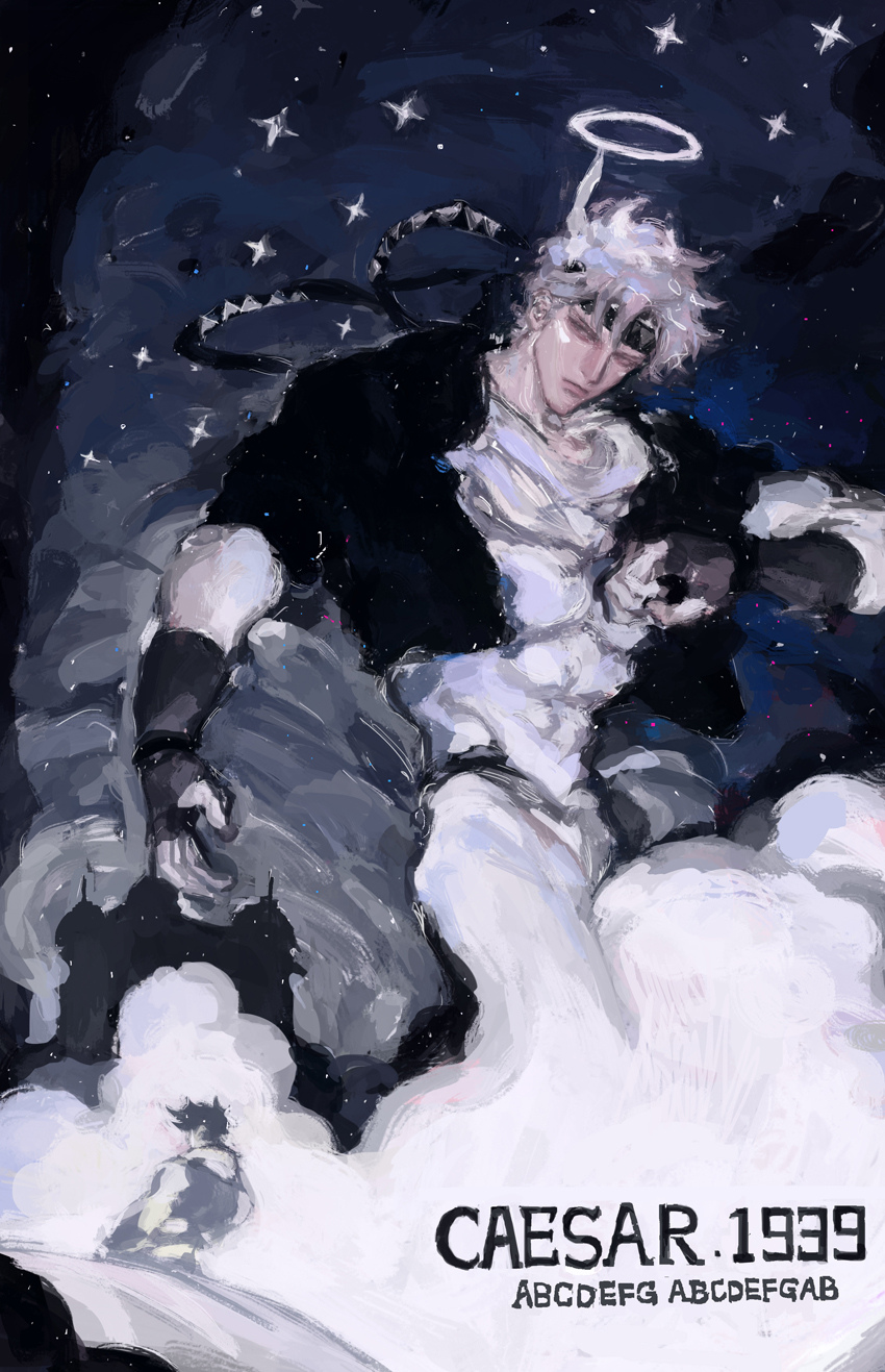 1939 202333sam 2boys abs alphabet back battle_tendency caesar_anthonio_zeppeli character_name cloud cloudy_sky covered_abs expressionless feather_hair_ornament feathers fingerless_gloves gloves hair_ornament halo highres jojo_no_kimyou_na_bouken jojonium joseph_joestar joseph_joestar_(young) looking_to_the_side male_focus multiple_boys night night_sky oil_painting_(medium) painting_(medium) pants partially_colored scarf shirt sky star_(sky) starry_sky tank_top traditional_media white_hair