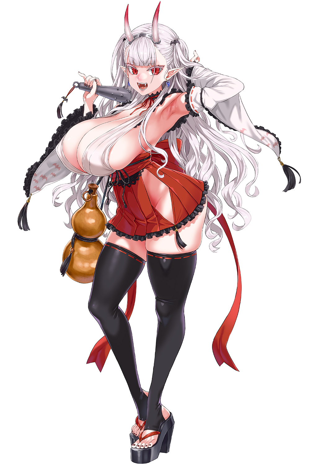 1girl armpits asanagi breasts center_opening cleavage club_(weapon) detached_collar detached_sleeves draculina_(last_origin) earrings fangs frilled_sleeves frills groin high-waist_skirt high_heels highres holding holding_club holding_weapon horns huge_breasts jewelry last_origin long_hair long_sleeves nail_polish no_bra no_panties okobo platform_sandals red_eyes red_nails red_skirt sandals sideboob simple_background skindentation skirt stirrup_legwear thick_thighs thighhighs thighs toeless_legwear toenail_polish toenails toes vampire weapon white_background white_hair wide_hips wide_sleeves